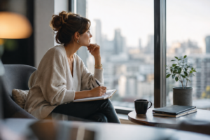 Femme en réflexion dans un environnement professionnel lors d’un accompagnement en coaching professionnel