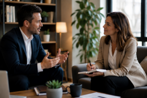 Séance de coaching professionnel entre un coach et un professionnel en entreprise