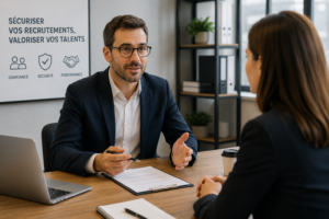 Consultant RH échangeant avec une candidate pour sécuriser un recrutement en entreprise