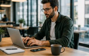 Freelance travaillant sur ordinateur : vigilance sur le risque de faux indépendant et de requalification en salarié