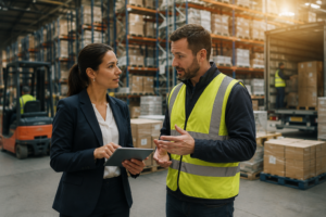 Échange terrain entre une consultante RH et un responsable logistique, illustrant le recrutement dans le secteur du transport et de la logistique