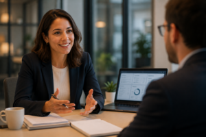 Échange entre deux cadres autour d'un tableau de bord, illustrant l'usage quotidien de l'intelligence artificielle dans l'activité professionnelle