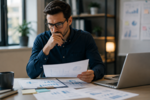 Cadre analysant des graphiques et données pour illustrer le discernement, une compétence clé face à l'intelligence artificielle en recrutement