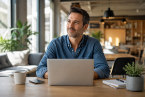 Homme confiant en pleine réflexion sur son projet professionnel dans le cadre d'un bilan de compétences