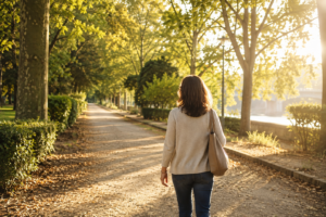Personne marchant sereinement dans un parc, symbole d'un nouveau départ professionnel après une reconversion