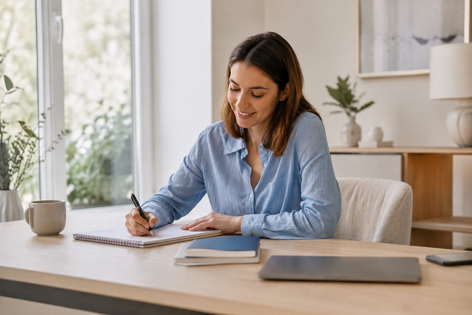 Femme souriante prenant des notes sur un carnet lors d'une réflexion sur son bilan de compétences