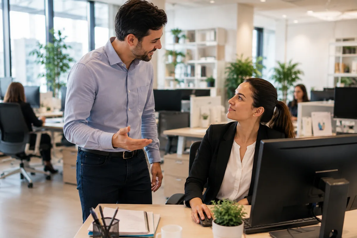 Présentation du poste et des consignes à une intérimaire dans un bureau
