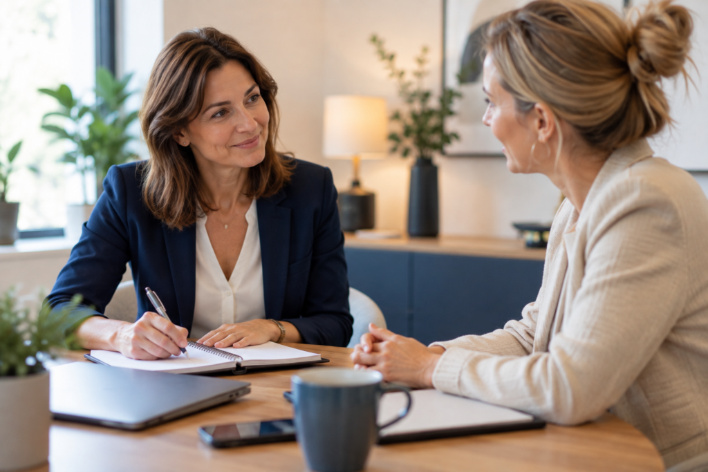 Consultante RH échangeant avec une dirigeante de PME autour d'un plan d'action