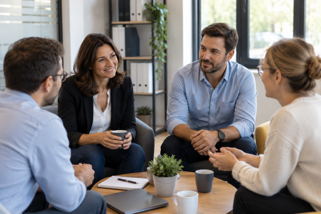 Manager observant discrètement une petite équipe au travail