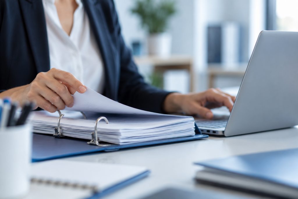 Personne consultant un document de prévention des risques professionnels sur un ordinateur