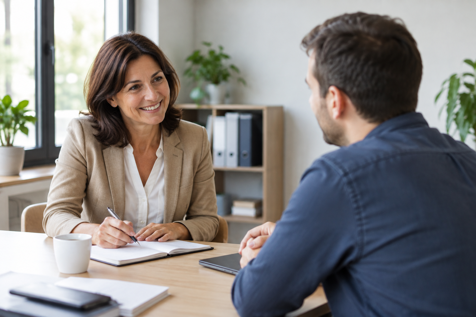 Manager et collaborateur échangeant sereinement dans un bureau de PME, ambiance bienveillante