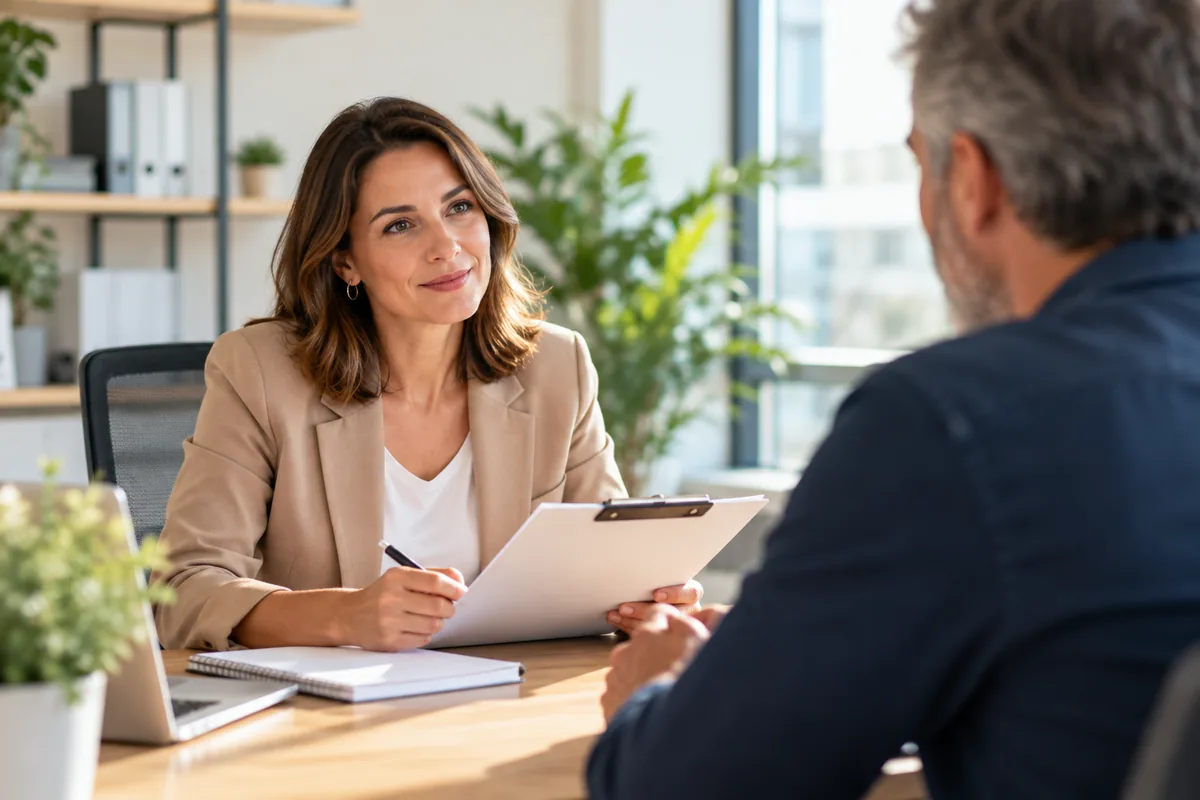 Entretien de recrutement structuré entre une recruteuse et un candidat